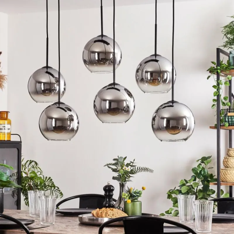 hofstein Suspension - Verre Koyoto Chrome, Clair, Fumé, 6 lumières