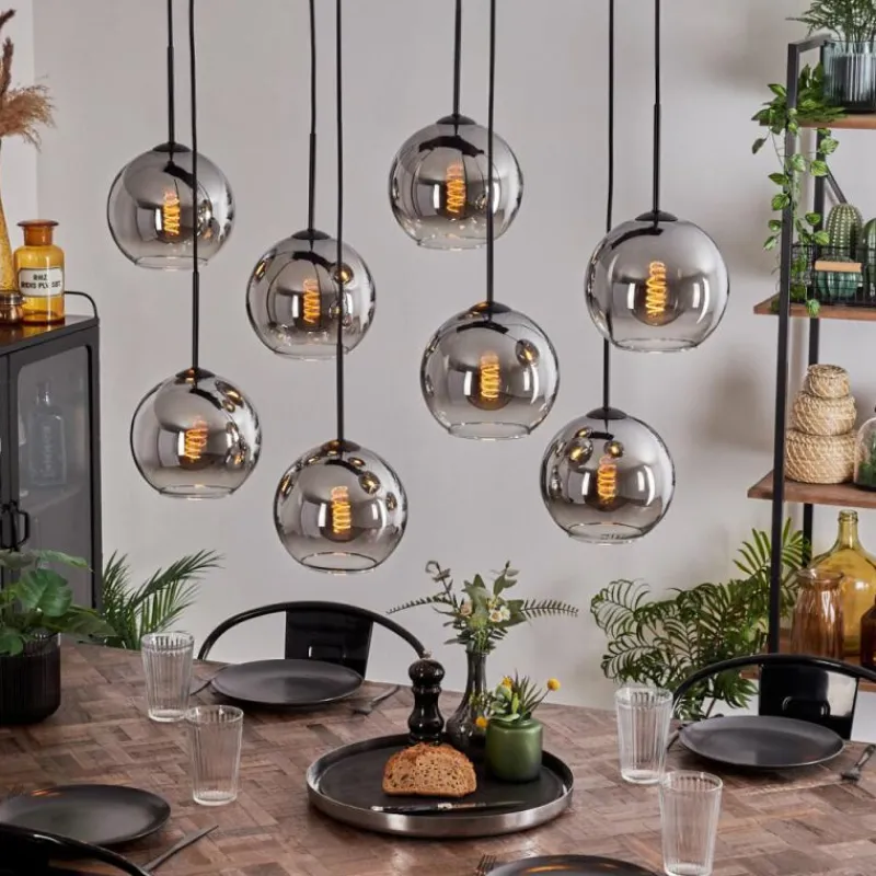 hofstein Suspension - Verre Koyoto Chrome, Clair, Fumé, 8 lumières