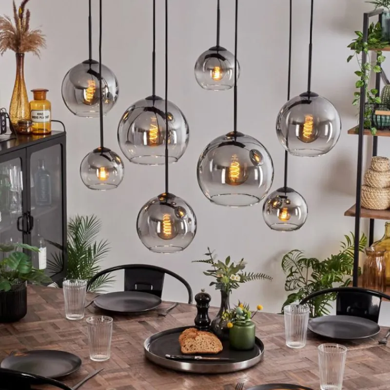 hofstein Suspension - Verre Koyoto Clair, Fumé, 8 lumières