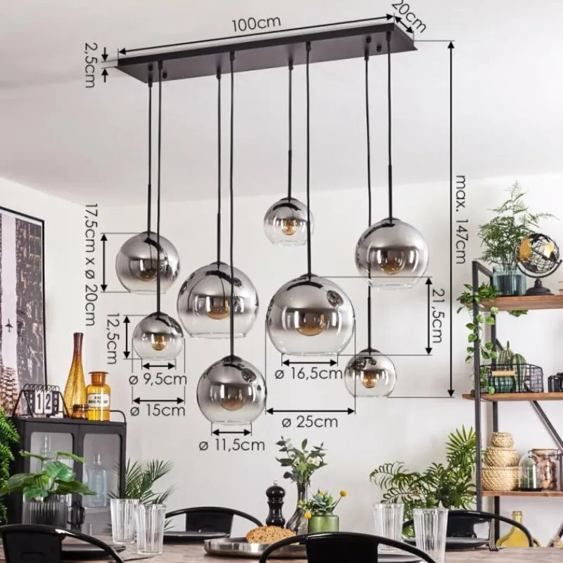 hofstein Suspension - Verre Koyoto Clair, Fumé, 8 lumières