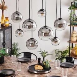 hofstein Suspension - Verre Koyoto Clair, Fumé, 8 lumières