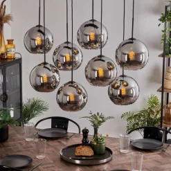 hofstein Suspension - Verre Koyoto Chrome, Fumé, 8 lumières