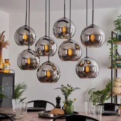 hofstein Suspension - Verre Koyoto Chrome, Fumé, 8 lumières