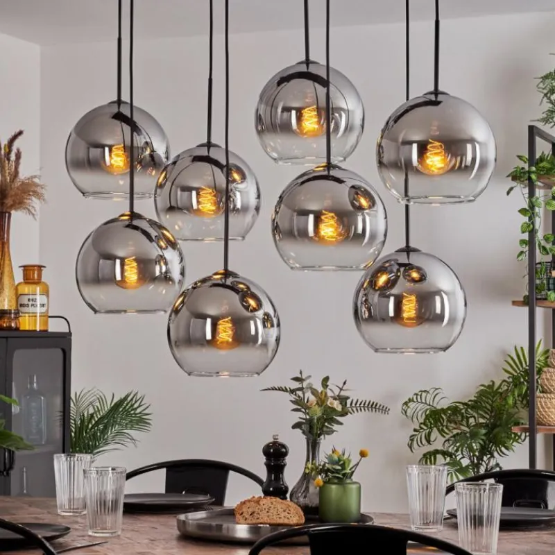 hofstein Suspension - Verre Koyoto Chrome, Clair, Fumé, 8 lumières