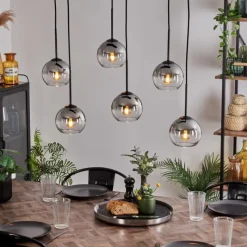 hofstein Suspension - Verre Koyoto Clair, Fumé, 6 lumières