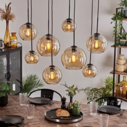 hofstein Suspension - Verre Koyoto Ambre, Clair, 8 lumières