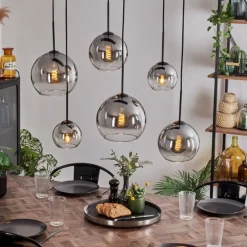 hofstein Suspension - Verre Koyoto Clair, Fumé, 6 lumières