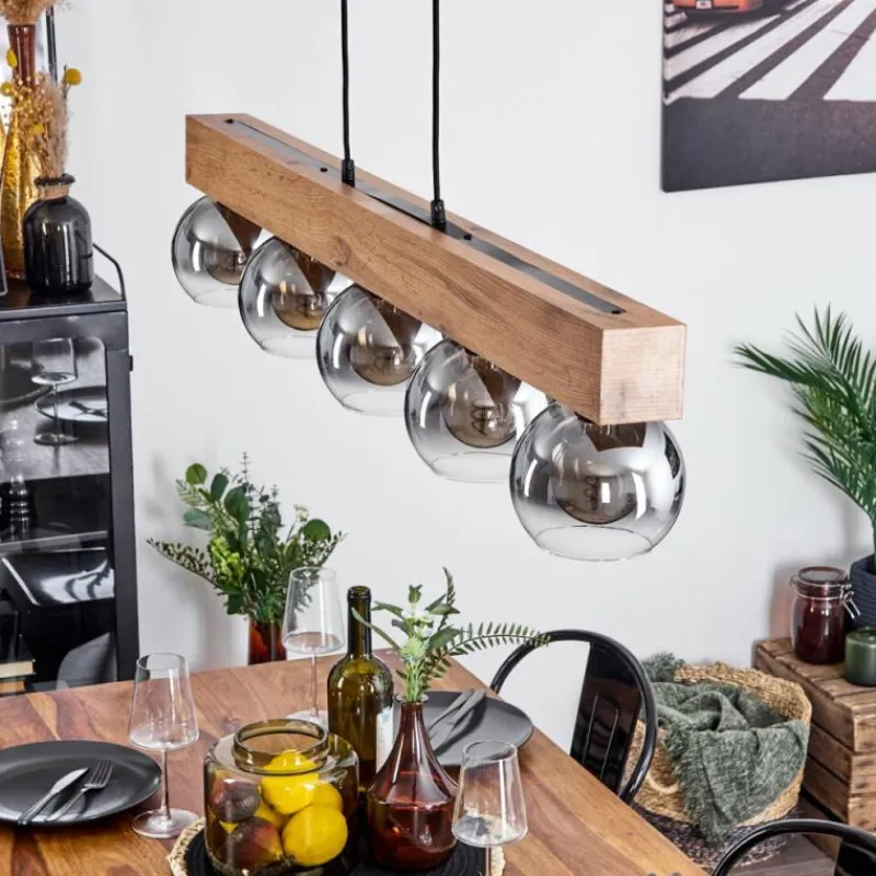 Suspension Verre Fumé-hofstein Suspension Vouhet Brun, Couleur bois, Noir, 5 lumières