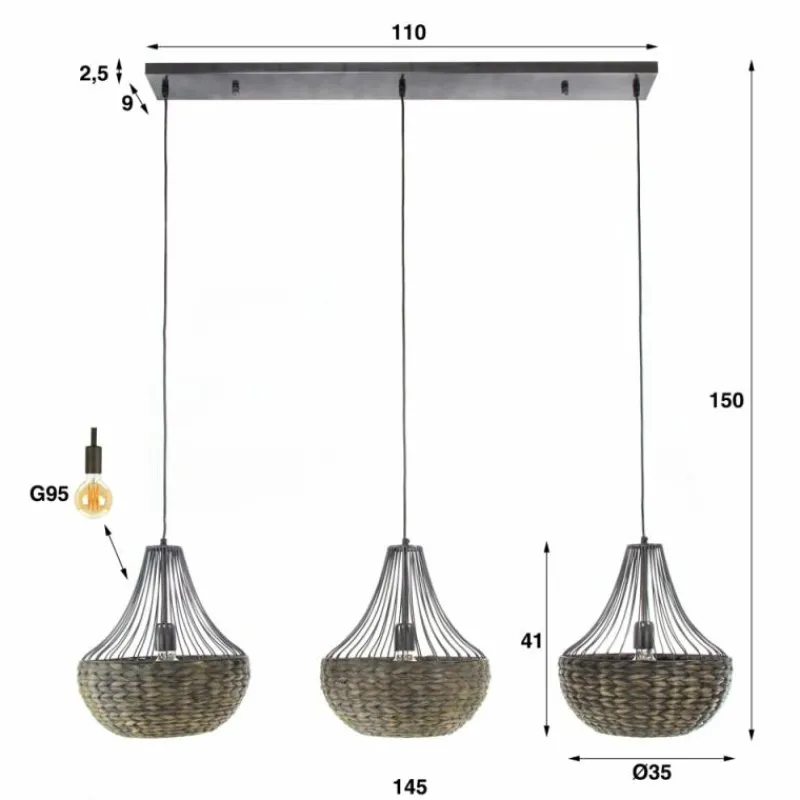 Style Boho-Chic-hofstein Suspension Burgase Anthracite, 3 lumières