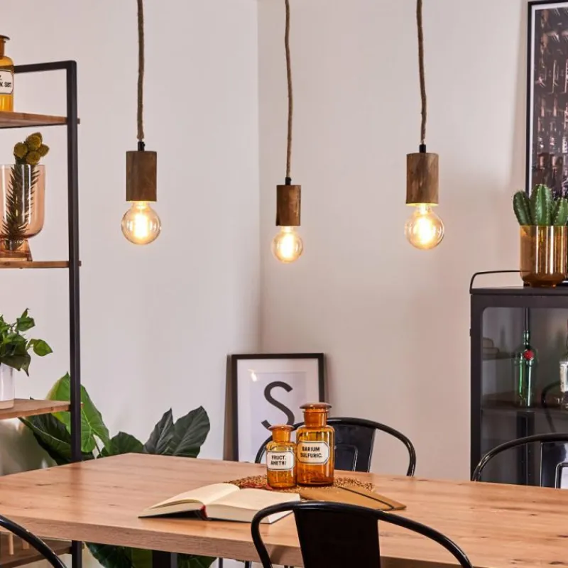 Style Boho-Chic-hofstein Suspension Chapana Brun, Bois clair, Noir, 3 lumières