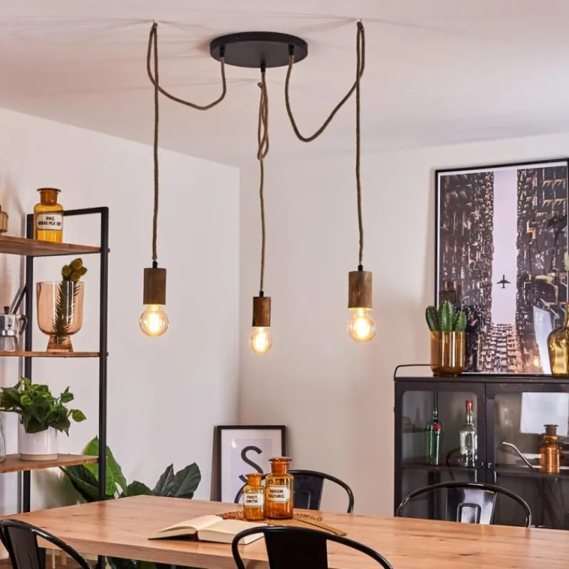 Style Boho-Chic-hofstein Suspension Chapana Brun, Bois clair, Noir, 3 lumières