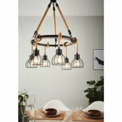 Lampes Industrielles-Luminaires Eglo Suspension EGLO RAMPSIDE Brun, Noir, 6 lumières