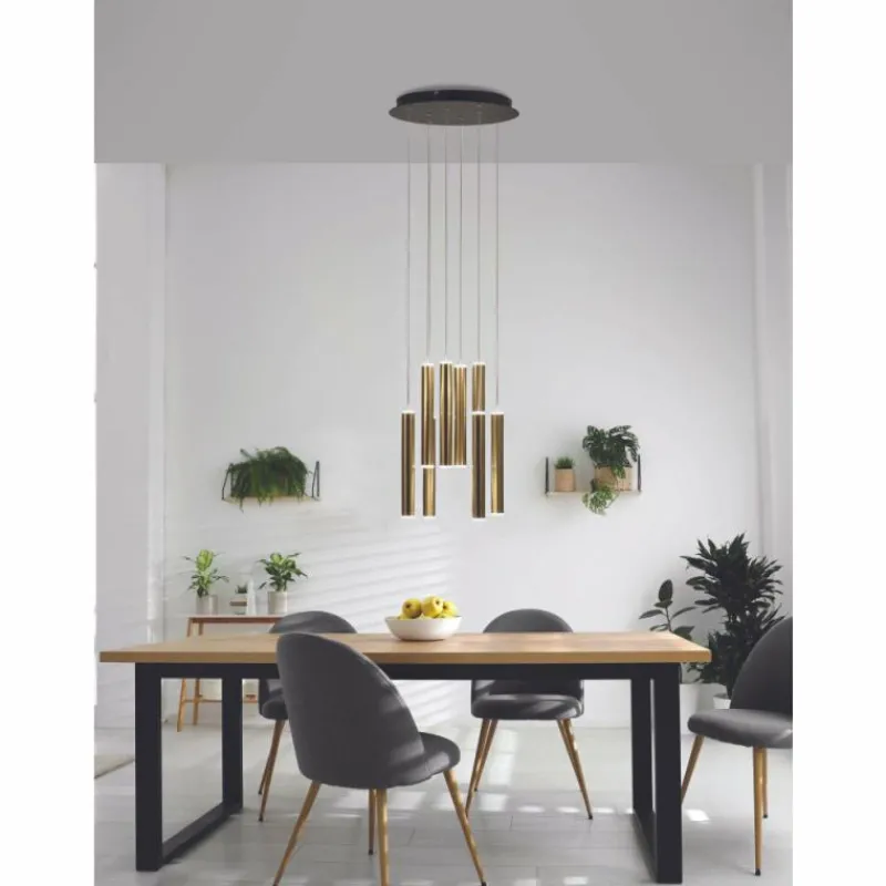 Lampes Dorées-Luminaires Fabas Luce Suspension Fabas Luce Prado LED Or, Noir, 8 lumières
