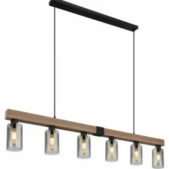 Suspension Verre Fumé-Luminaires Globo Lighting Suspension Globo HADERA Couleur bois, Noir, 6 lumières