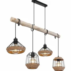 Style Boho-Chic-Luminaires Globo Lighting Suspension Globo SURRI Bois clair, Noir, 4 lumières