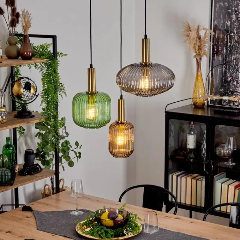 Suspension Verre Fumé-hofstein Suspension Goldenville Laiton, Noir, 3 lumières