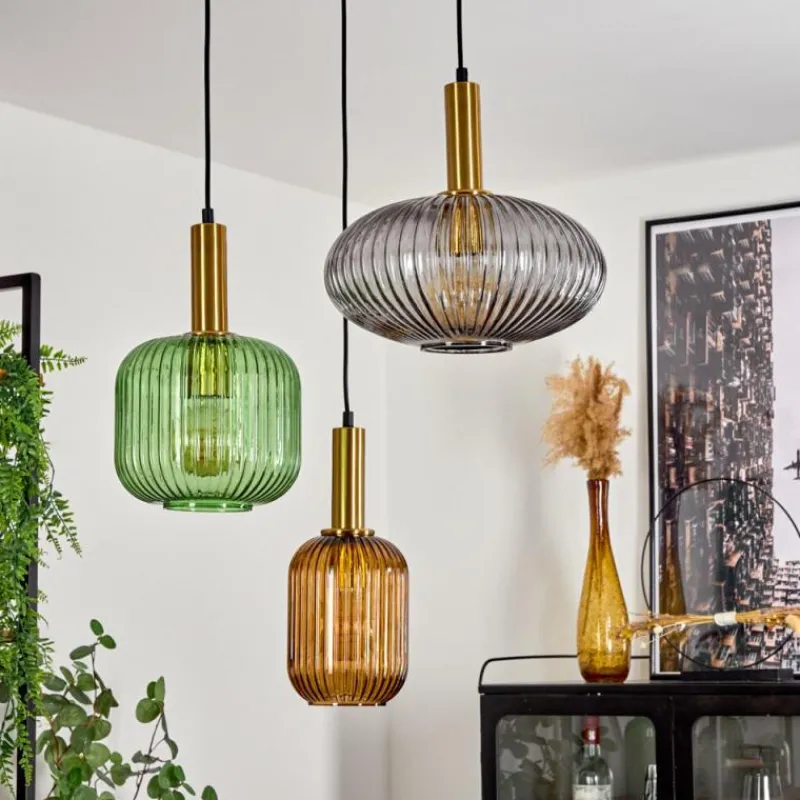 Suspension Verre Fumé-hofstein Suspension Goldenville Laiton, Noir, 3 lumières