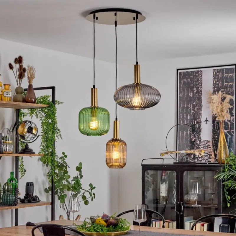 Suspension Verre Fumé-hofstein Suspension Goldenville Laiton, Noir, 3 lumières