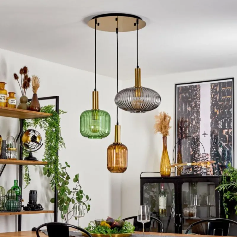 Suspension Verre Fumé-hofstein Suspension Goldenville Laiton, Noir, 3 lumières