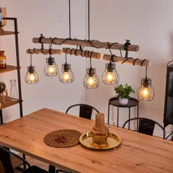 Style Boho-Chic-hofstein Suspension Gondo Bois clair, Noir, 6 lumières