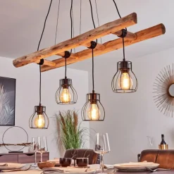 Style Boho-Chic-hofstein Suspension Gondo Bois clair, Noir, 4 lumières