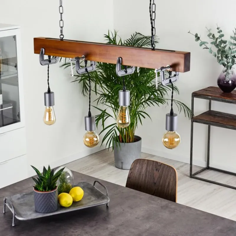 Lampes Industrielles-hofstein Suspension Hautahi Bois foncé, Noir, 4 lumières