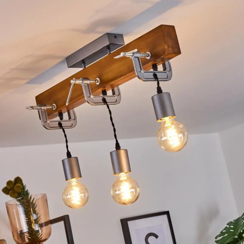 Lampes Industrielles-hofstein Suspension Hautahi Bois foncé, Noir, Argenté, 3 lumières