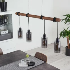 Suspension Verre Fumé-hofstein Suspension Hunouri Bois foncé, Noir, 4 lumières