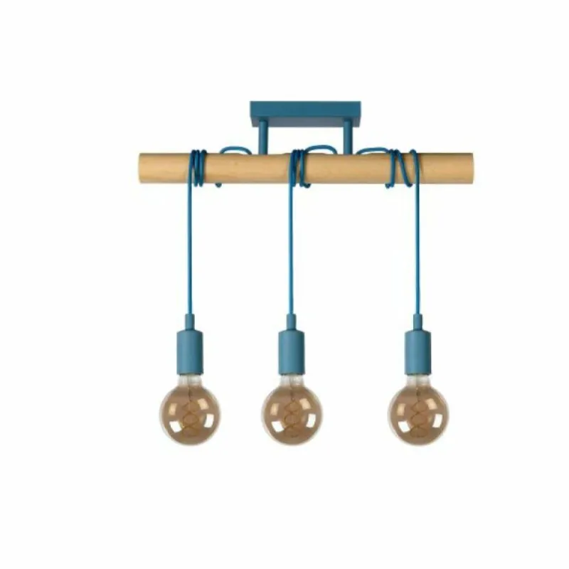 Lampes En Bois-Luminaires Lucide Suspension Lucide POLA Bleu, Bois clair, 3 lumières