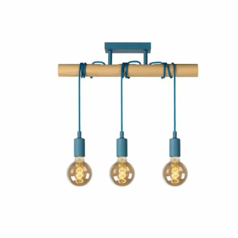 Lampes En Bois-Luminaires Lucide Suspension Lucide POLA Bleu, Bois clair, 3 lumières