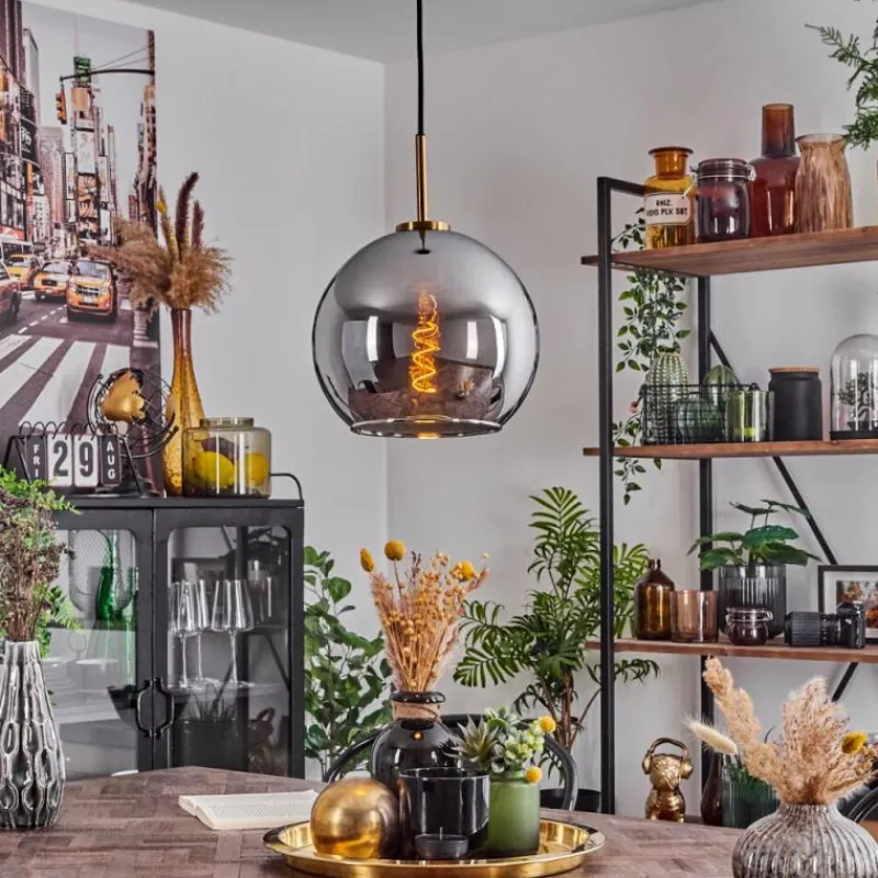 Lampes Dorées-hofstein Suspension Verre 25 cm Koyoto Or, Noir, 1 lumière