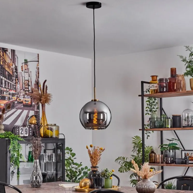 Lampes Dorées-hofstein Suspension Verre 25 cm Koyoto Or, Noir, 1 lumière