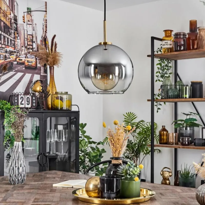 Lampes Dorées-hofstein Suspension Verre 25 cm Koyoto Or, Noir, 1 lumière