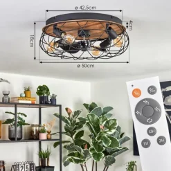 hofstein Tourais Plafonnier, Ventilateur de plafond lumineux LED Couleur bois, Noir, 4 lumières, Télécommandes