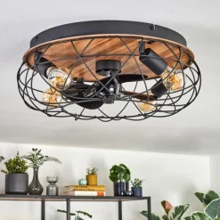 hofstein Tourais Plafonnier, Ventilateur de plafond lumineux LED Couleur bois, Noir, 4 lumières, Télécommandes