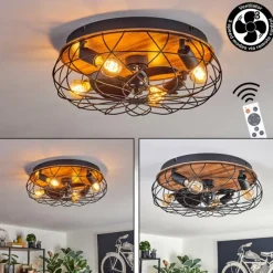 hofstein Tourais Plafonnier, Ventilateur de plafond lumineux LED Couleur bois, Noir, 4 lumières, Télécommandes