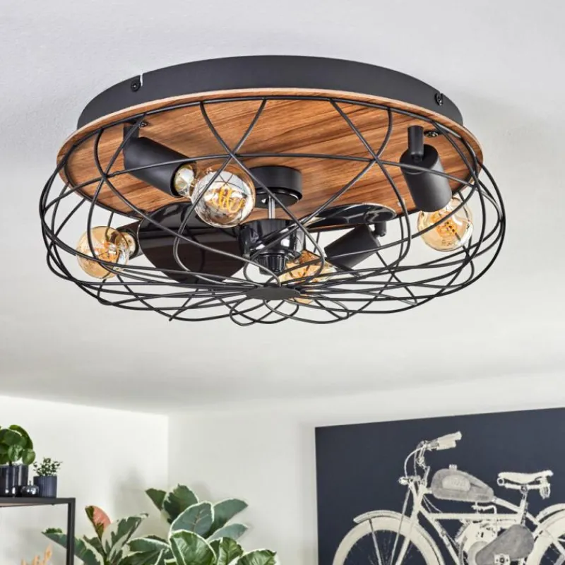 hofstein Tourais Plafonnier, Ventilateur de plafond lumineux LED Couleur bois, Noir, 4 lumières, Télécommandes