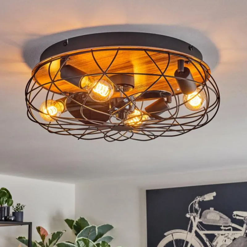 hofstein Tourais Plafonnier, Ventilateur de plafond lumineux LED Couleur bois, Noir, 4 lumières, Télécommandes