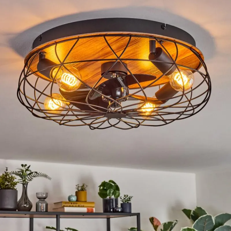 hofstein Tourais Plafonnier, Ventilateur de plafond lumineux LED Couleur bois, Noir, 4 lumières, Télécommandes