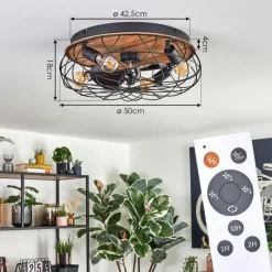 hofstein Tourais Plafonnier, Ventilateur de plafond lumineux LED Couleur bois, Noir, 4 lumières, Télécommandes