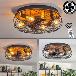 hofstein Tourais Plafonnier, Ventilateur de plafond lumineux LED Couleur bois, Noir, 4 lumières, Télécommandes