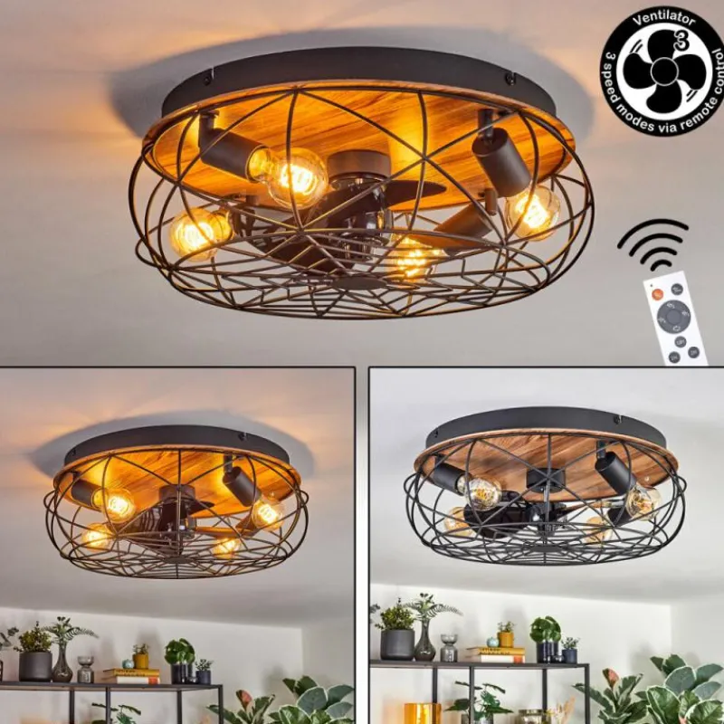 hofstein Tourais Plafonnier, Ventilateur de plafond lumineux LED Couleur bois, Noir, 4 lumières, Télécommandes