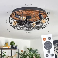 hofstein Tourais Plafonnier, Ventilateur de plafond lumineux LED Couleur bois, Noir, 4 lumières, Télécommandes