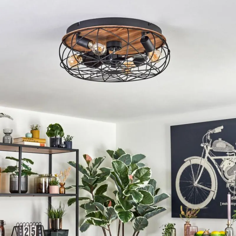 hofstein Tourais Plafonnier, Ventilateur de plafond lumineux LED Couleur bois, Noir, 4 lumières, Télécommandes