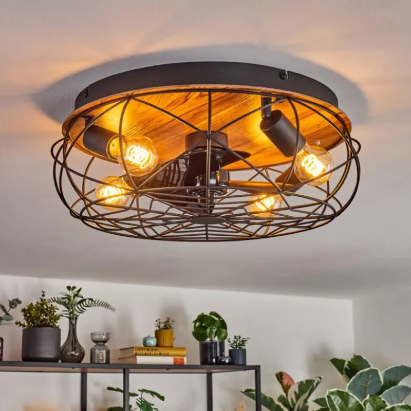 hofstein Tourais Plafonnier, Ventilateur de plafond lumineux LED Couleur bois, Noir, 4 lumières, Télécommandes