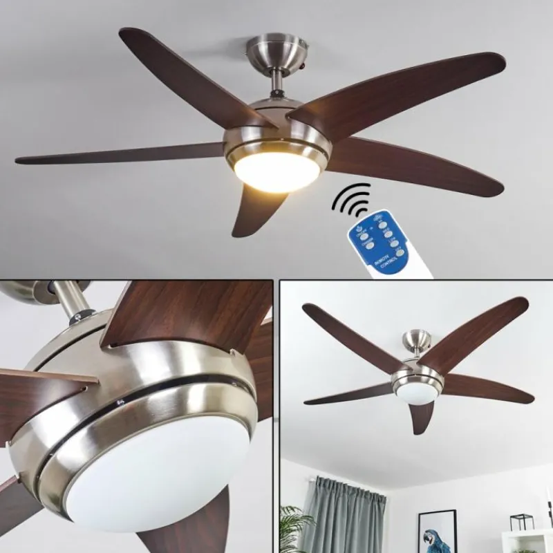 hofstein Ventilateur de plafond Imon Bois foncé, Nickel mat, 1 lumière, Télécommandes