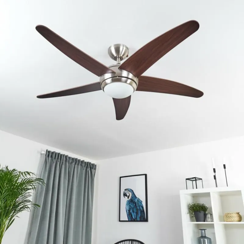 hofstein Ventilateur de plafond Imon Bois foncé, Nickel mat, 1 lumière, Télécommandes