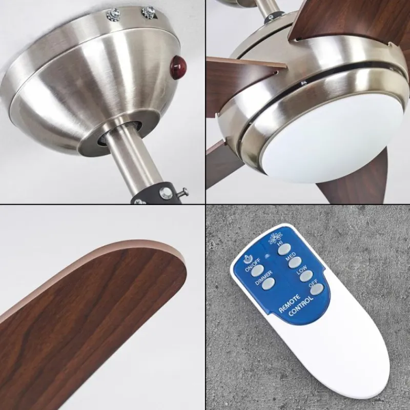 hofstein Ventilateur de plafond Imon Bois foncé, Nickel mat, 1 lumière, Télécommandes