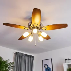 hofstein Ventilateur de plafond Irving Chrome, Gris, Bois clair, 5 lumières