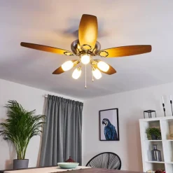 hofstein Ventilateur de plafond Irving Chrome, Gris, Bois clair, 5 lumières